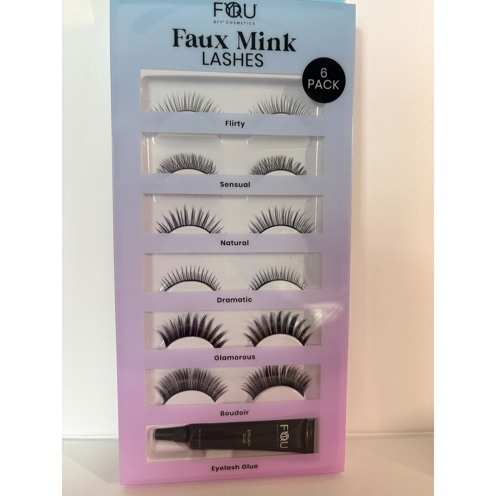 BFY Cosmetics Faux Mink Lashes 6 Pair‎ Set with Lash Glue Black NEW 60086
